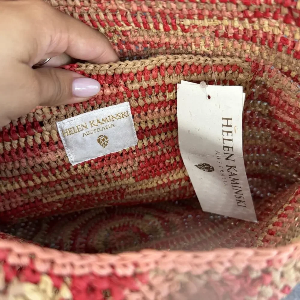 Helen Kaminski Raffia Shoulder Tote Bag Red Striped Crochet Market Minimalist